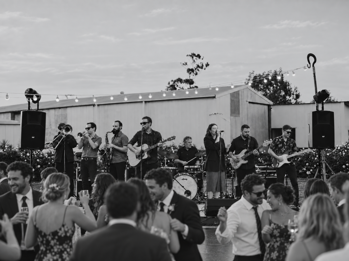 HOT DAMN! eight-piece band performing outdoors at a wedding — horn section, vocals, guitars, bass and drums with guests dancing in the foreground